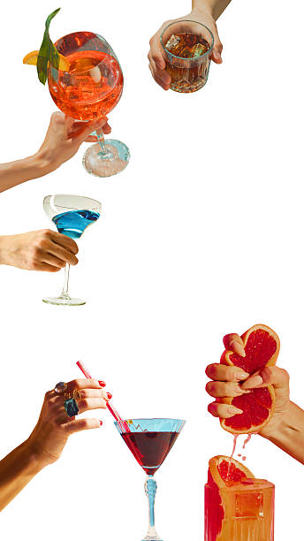 istock Modern collage. Hands holding bright cocktails and squeezing grapefruit juice 2242176536