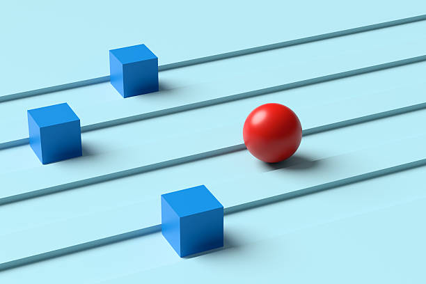 istock Red sphere winning the race against blue cubes on parallel tracks 2242178093