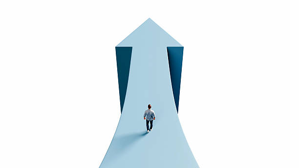 istock Man walking on upward forward arrow path to success achievement progress growth and business victory corporate concept, 3d render 2242181935