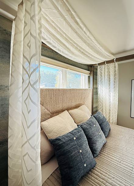 istock High-end bedroom. Modern luxury. Neutral, natural colors, texture. Canopy bed, fabric drapery, furniture, pendant lighting, pillow, decor, bedding. Small space. 2242186361