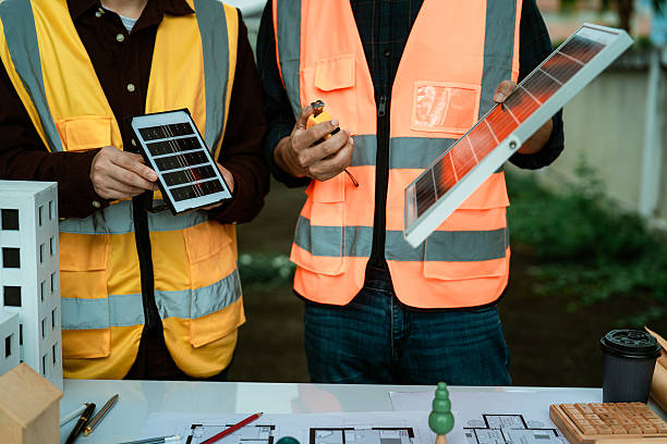 istock Two young engineers, experts in solar cell installation, meeting and discussing at the factory building, planning the installation of solar panels on the roof. 2242186584