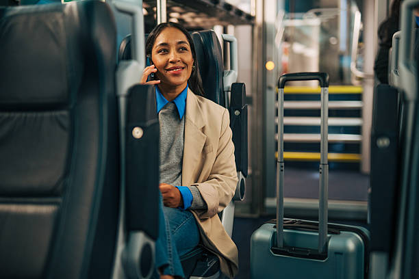 istock Woman on business trip traveling by train using cell phone 2242195230