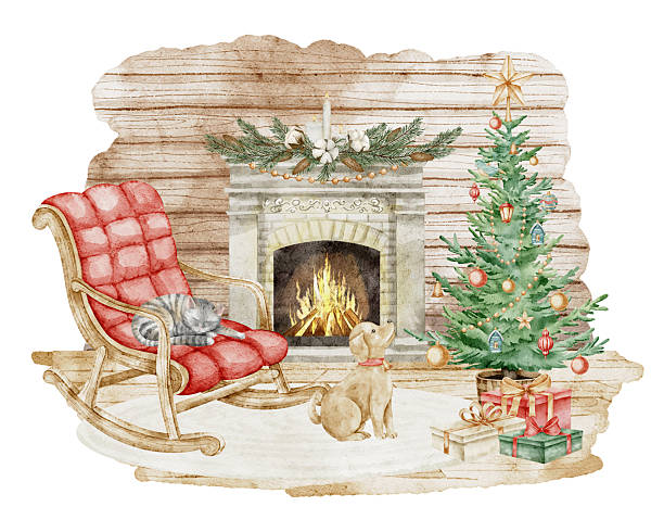 Christmas interior with decorated tree, fireplace, gifts, cat, and dog in a home armchair. Drawing of cozy room for Xmas festive greeting cards, New Year invitations or posters. Art for winter project