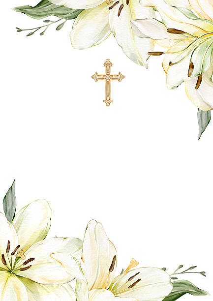 istock Corner floral frame with white lilies and Christian cross. Watercolor isolated template for Easter design, Epiphany, Christening, first communion, baptism, wedding, memorial cards, invitations. 2242196727