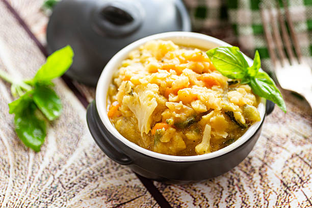istock Warm vegetable pea porridge with fresh herbs 2242207158