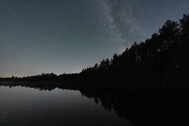 istock The Milky Way galaxy and countless stars shine over a pine forest, with a perfect reflection in a calm Estonian lake. 2242207720