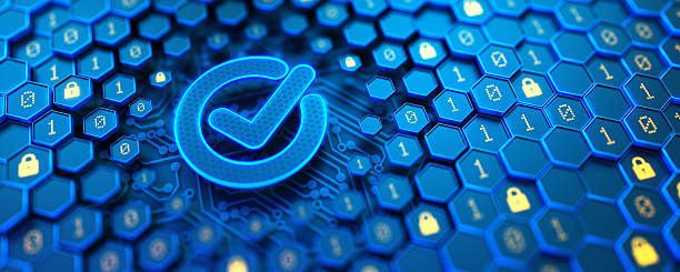 istock Digital check mark symbol on futuristic blue hexagon shell background 2242213531