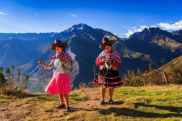 istock Peruvian women spinning wool by hand in Sacred Valley, Peru 2242213626