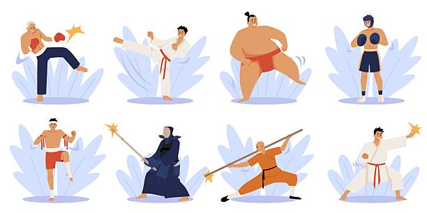 A collection of vector illustrations of martial arts, including sumo, kickboxing, karate and others A collection of vector illustrations of martial arts, including sumo, kickboxing, karate and others. Accurate images of athletes in traditional clothing loincloth stock illustrations