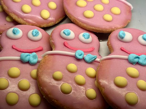 Close-up of a group of freshly baked Mr Blobby design gingerbread man cookies