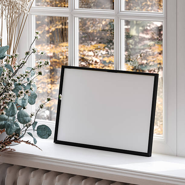 istock Floated canvas mockup near window with flowers, botanical design 2242229235