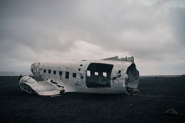 Wreckage of an old United States Navy DC-3 plane resting on the black sand beach of Sólheimasandur, with snowy mountains visible in the distance under a clear blue sky