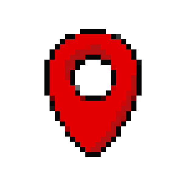 Red location pin in pixel style. Retro 8-bit design icon for maps, navigation, games, or digital projects. Vector illustration isolated on white background.