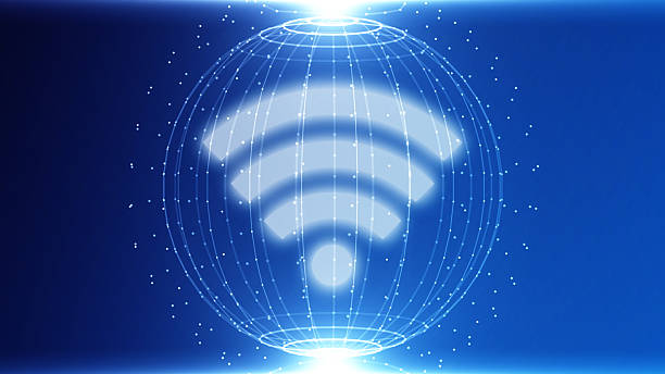 istock Futuristic glowing blue wi-fi symbol on black dark background with blurred reflection. Signal app, connection sign, neon lights. Business colorful concept. Modern design. 3d rendering stock photo 2242235245