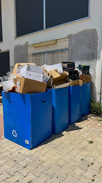 istock Four blue recycling bins filled with cardboard and waste materials. 2242236362