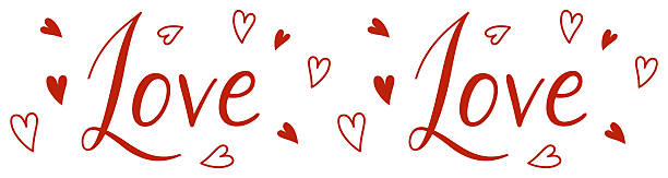 istock Romantic love text banner with red handwritten lettering and heart doodles. Valentine design concept for greeting cards, posters, invitations, wedding decor, romantic background, holiday celebration 2242239307