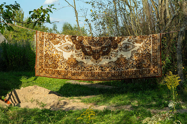 istock Machine made carpet hanging outdoors on clothesline in rural area. Synthetic decorative carpet drying in open air with geometric design and neutral colors in natural setting. 2242239417