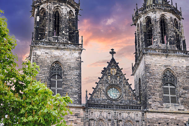 Magdeburg gothic medieval cathedral Dom historic facade church towers green tree dramatic warm purple sunset sky. Scenic Saxony-Anhalt sightseeing landmark detailed architecture central clock Germany.