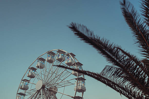 Ferris wheel against the night sky. The large, detailed Ferris wheel symbolizes fun, relaxation, and an amusement park atmosphere.