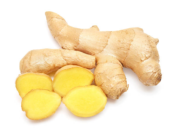 istock Fresh ginger root and slice isolated on white background. Creative medical concept, spice in cooking. Flat lay, top view 2242253563
