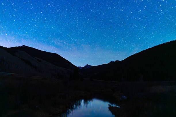 Stars reflecting in mountain stream calm water with dark sky and mountain peaks silhouetted against sky.