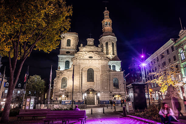 Quebec city Notre-Dame Basilica during autumn night