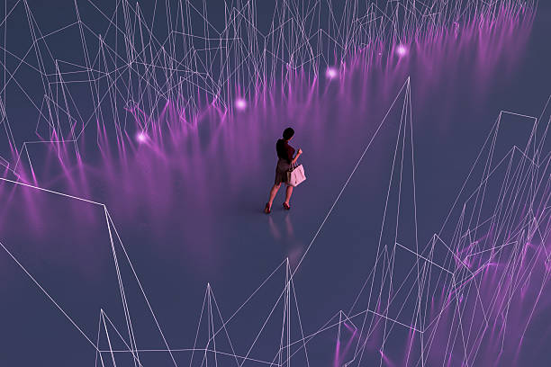 Casual woman walking in VR environment. 3D generated image.