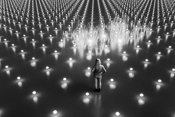 Casual woman standing in VR environment. 3D generated image.