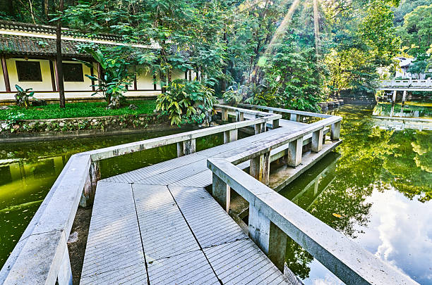 Chinese Pavilion, Waterfall, and Stone Pathway