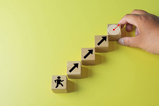 istock Business Goal Setting and Achievement Strategy. Step-by-step path to the target. 2242292505