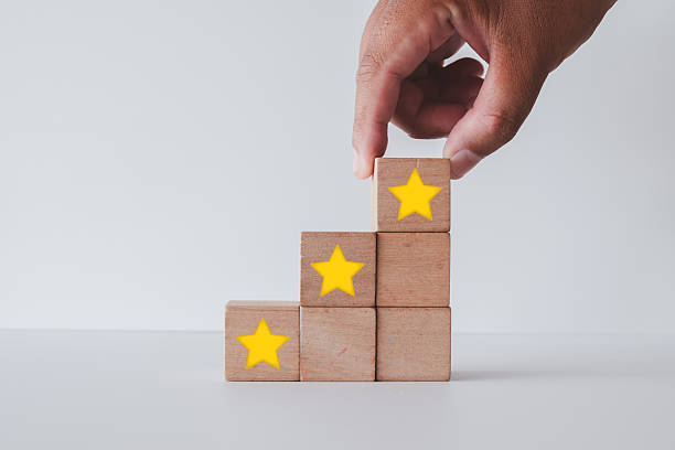istock Customer Satisfaction and Rating Concept: Hand Building Star Rating Steps. 2242293053