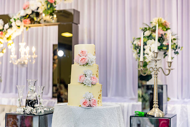 istock Beautiful white wedding cake decorated with flowers close up 2242294553