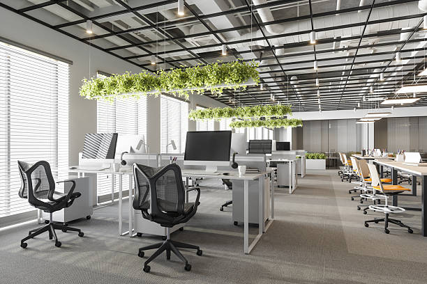 Modern Open-Plan Office Interior with Natural Light and Green Decor