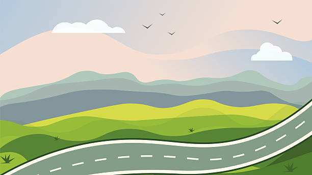 Vector Landscape Background of a Straight Asphalt Road Through Green Countryside with Blue Mountains, Forest, and Sunset