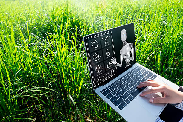 Artificial Intelligence in Agriculture concept.,Smart farmer using laptop for communication with AI idea for  Smart Farming Technology, Precision Farming,Sustainable Farming.