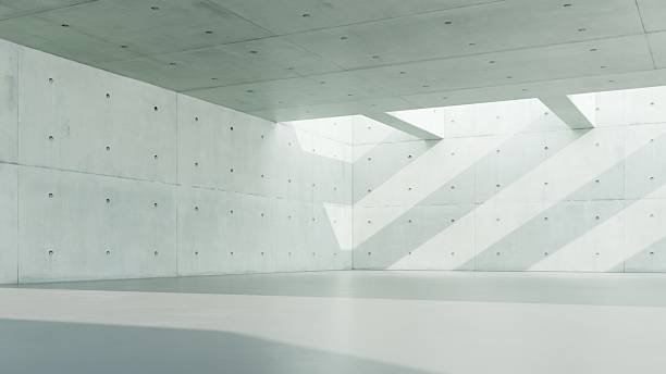 istock 3d render of abstract concrete architecture background, Minimal geometry architectural design, Car presentation backdrop with empty concrete floor and wall, inside of tunnel with skylight 2242310150
