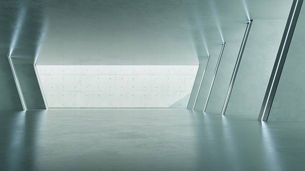 istock 3d render of abstract concrete architecture background, Minimal geometry architectural design, Car presentation backdrop with empty concrete floor and wall, inside of tunnel with skylight 2242310172