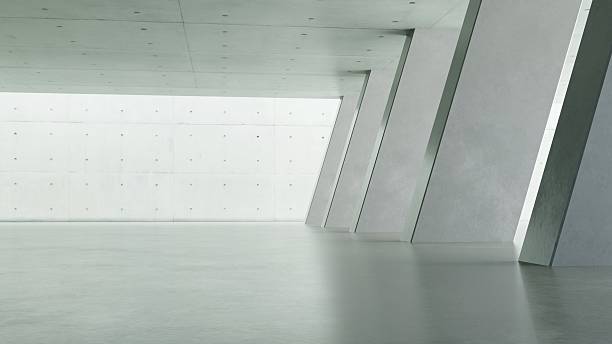 istock 3d render of abstract concrete architecture background, Minimal geometry architectural design, Car presentation backdrop with empty concrete floor and wall, inside of tunnel with skylight 2242310173