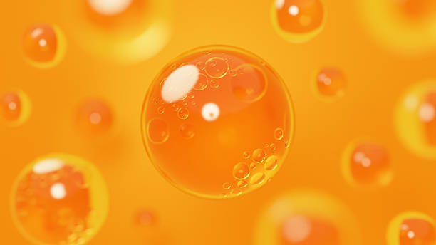 istock 3D Illustration.Multiple water droplets on an orange background. Gel. Background material.(Horizontal) 2242314307