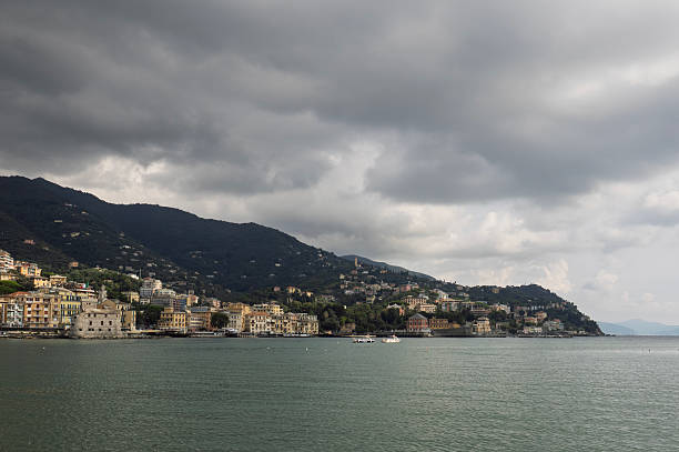view from the sea to the coastline of the village of Nervi, Liguria, Genoa, Italy, Europe