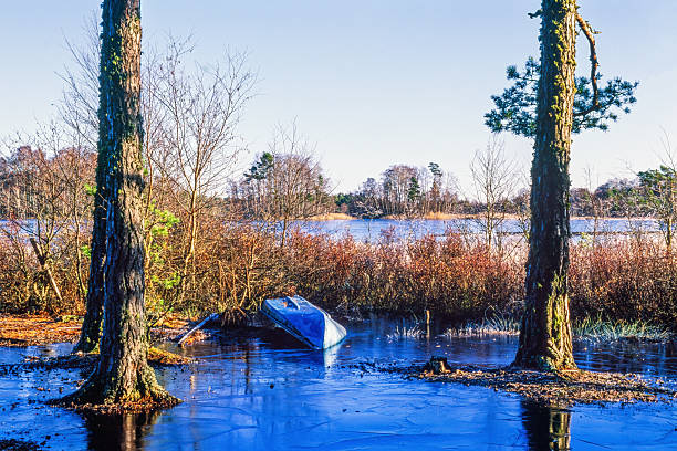 Frozen water on a beach with a rowing boat