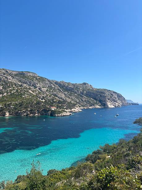 A stunning view of the Calanque de Sormiou near Marseille, France. Turquoise water, rocky cliffs, and pine trees create a perfect Mediterranean landscape.