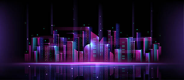 istock Futuristic neon purple cityscape on dark bg 2242325181