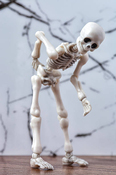 Skeleton figure suffer backache. Rheumatism concept, chronic backpain, osteoarthritis, osteoporosis, physical injury, vertebra ill, spinal health problem. Skeleton figurine bent over, hold lower back