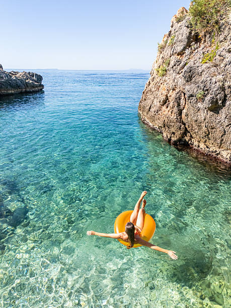 istock Drone Top View – Woman Floating on Water in Summer Paradise 2242330173