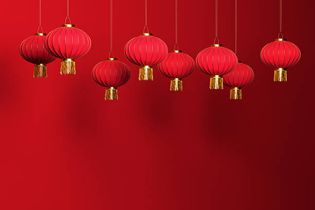 istock Red chinese lanterns hanging on celebration background 2242332598