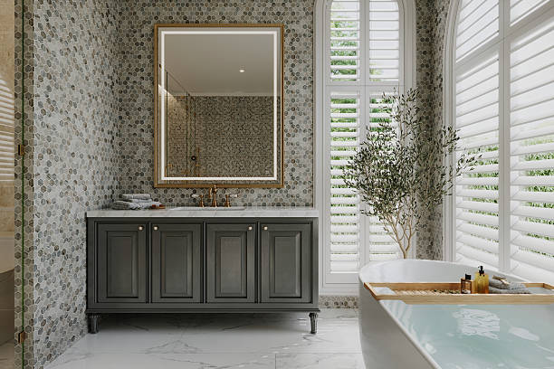 istock Luxury modern bathroom with marble, gold fixtures, and natural daylight — realistic 3D render 2242332682