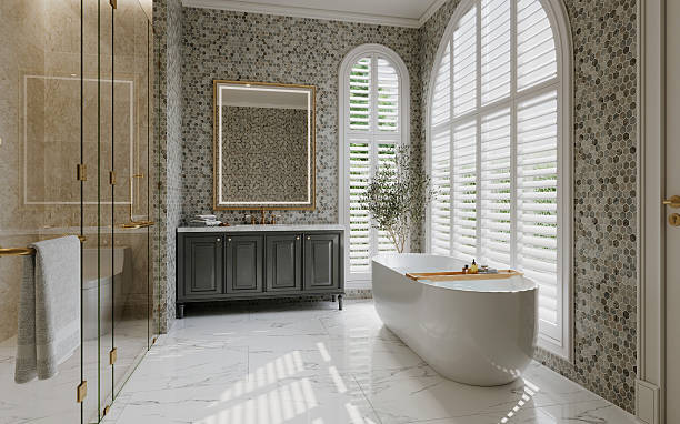 istock Luxury modern bathroom with marble, gold fixtures, and natural daylight — realistic 3D render 2242332685