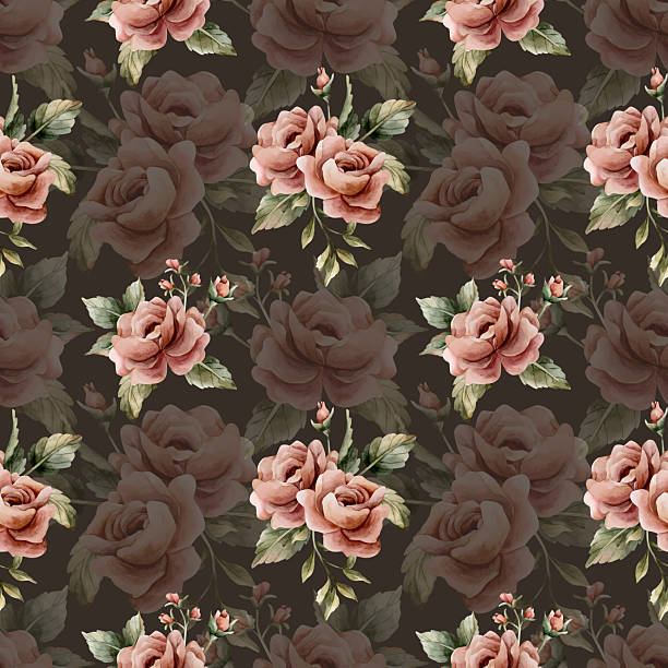 istock Rose flower seamless pattern on dark background Dusty pink garden Victorian Watercolor hand painted floral illustration 2242333426