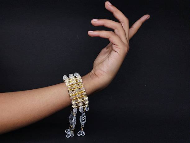 This striking image captures the symmetrical and graceful gestures of a dancer's hands, isolated against a solid black background. Adorned with ornate, matching bracelets of gold and clear beads, the hands are poised in a traditional pose, evoking the rich cultural heritage and expressive art of classical dance. The focus on the intricate jewelry and delicate finger positioning highlights the beauty and discipline of performance art.